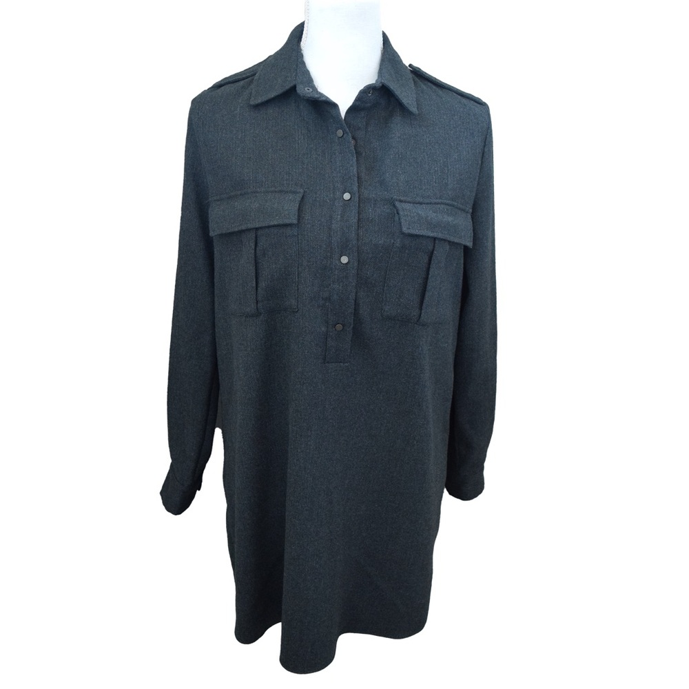 ZARA Gray Military Style Long Sleeve Collared Shirt Dress Tunic Size Medium